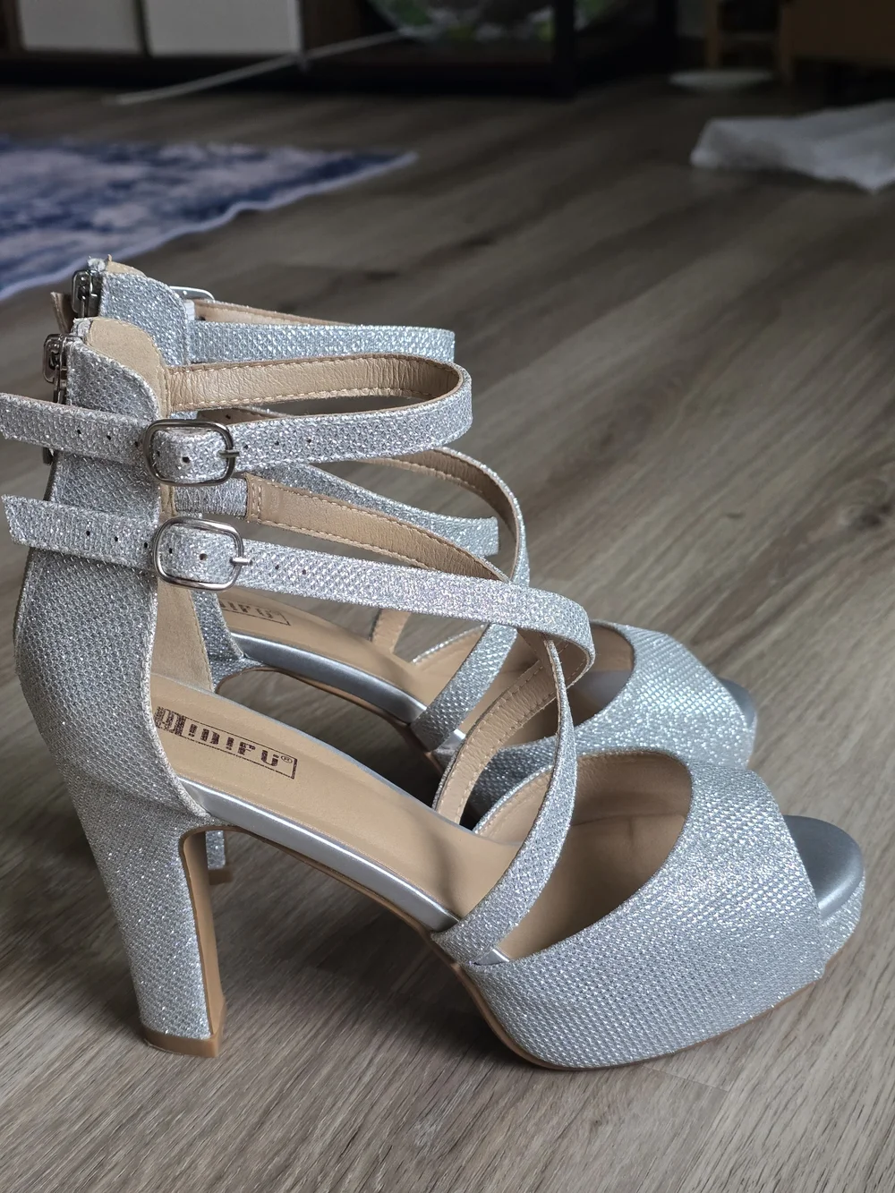 Amazon Silver Glitter Strappy Block Heel Sandals